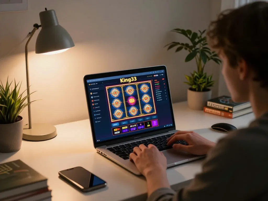 Engaging online gaming at King33 platform from a stylish home office setup, showcasing player's excitement