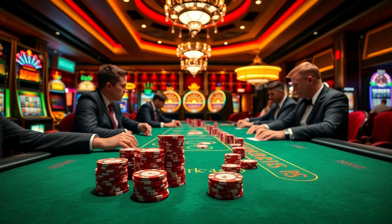 Permainan poker yang intens di meja kasino mewah yang menampilkan branding KIT4D Link dan suasana yang hidup.
