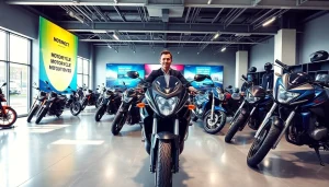 Motorradhändler präsentiert hochwertige Motorräder in einem modernen Showroom.