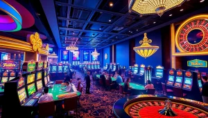 Experience the vibrant gambling world of KJC AC 1 with players enjoying casino tables and slot machines.