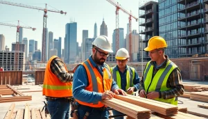 New York General Contractor managing a construction site with engaged workers and modern urban skyline.