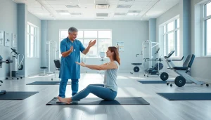Engaging health services at Health in Motion Rehabilitation with therapist guiding patient through exercises.