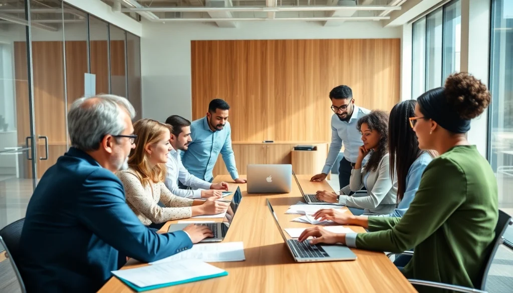 Engaged team collaborating on B2B mystery shopping strategies in a modern office.