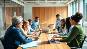 Engaged team collaborating on B2B mystery shopping strategies in a modern office.