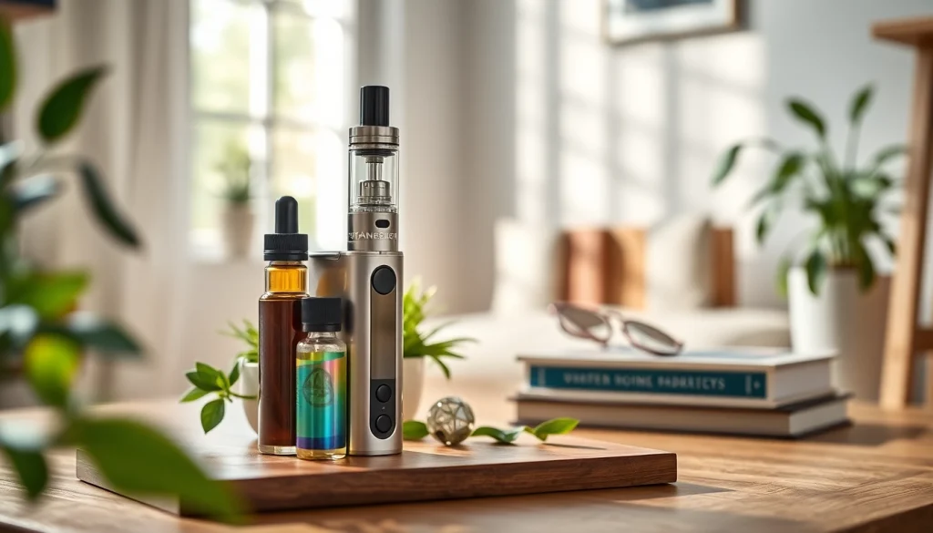 Ein stilvolles vape ohne nikotin Setup mit E-Liquid Flaschen und einem Verdampfer in einer gemütlichen Umgebung