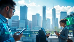 Explore technology's influence on daily life through smart devices at https://mohamedmmblog.tech with a vibrant city backdrop.