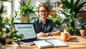 Engaging with sustainability topics at https://www.unsustainablemagazine.com, a journalist in a bright, eco-friendly setting.