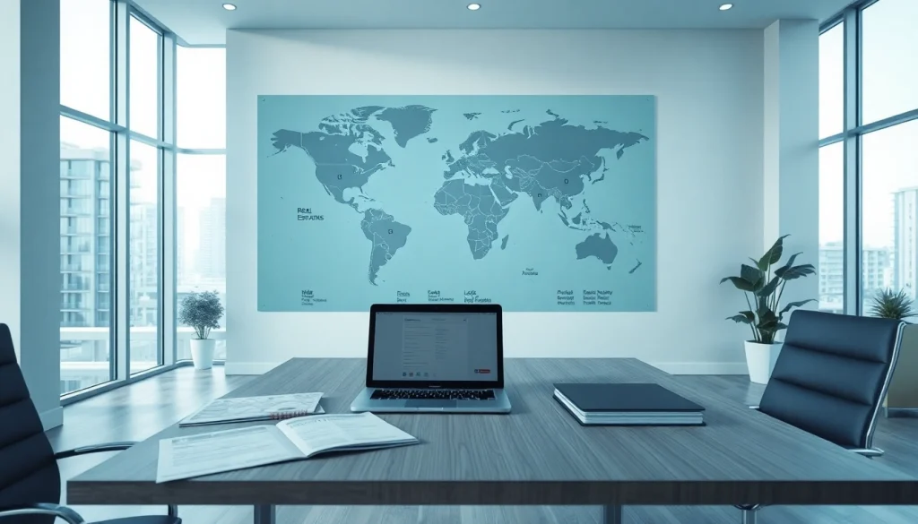Highlighting real estate international investments in a modern office with a global focus.