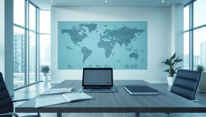Highlighting real estate international investments in a modern office with a global focus.