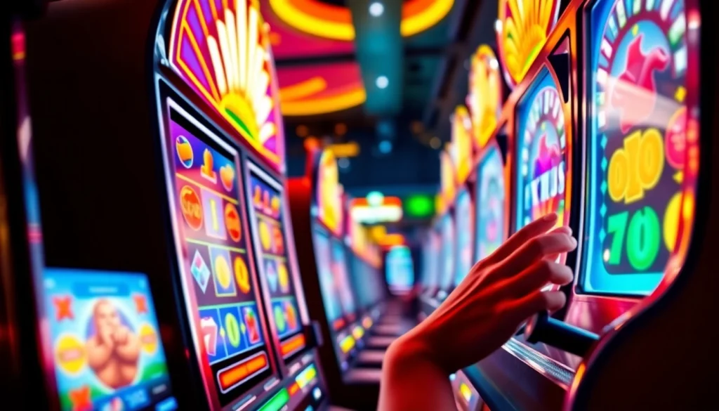 Jelajahi slot yang berwarna-warni dengan pemain yang bersenang-senang di mesin slot.