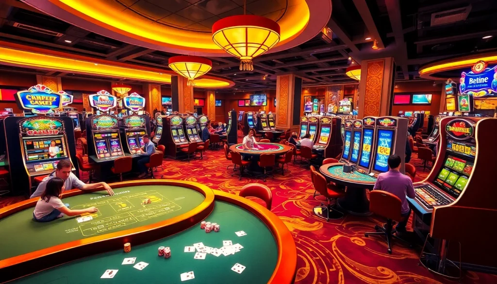 A lively casino scene showcasing tables, cards, and KJC AC 3 promotional elements for an immersive gambling experience.