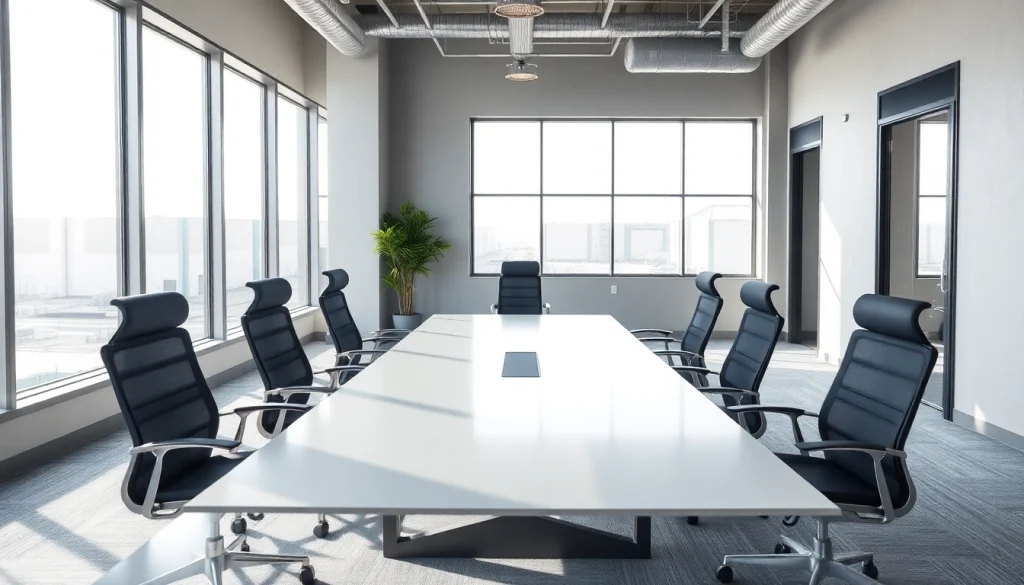 Showcasing industrial leasing office setup with a modern conference table and bright lighting.