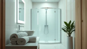 Vérifiez le miroir LED et la cabine de douche sirhona dans une salle de bain moderne.