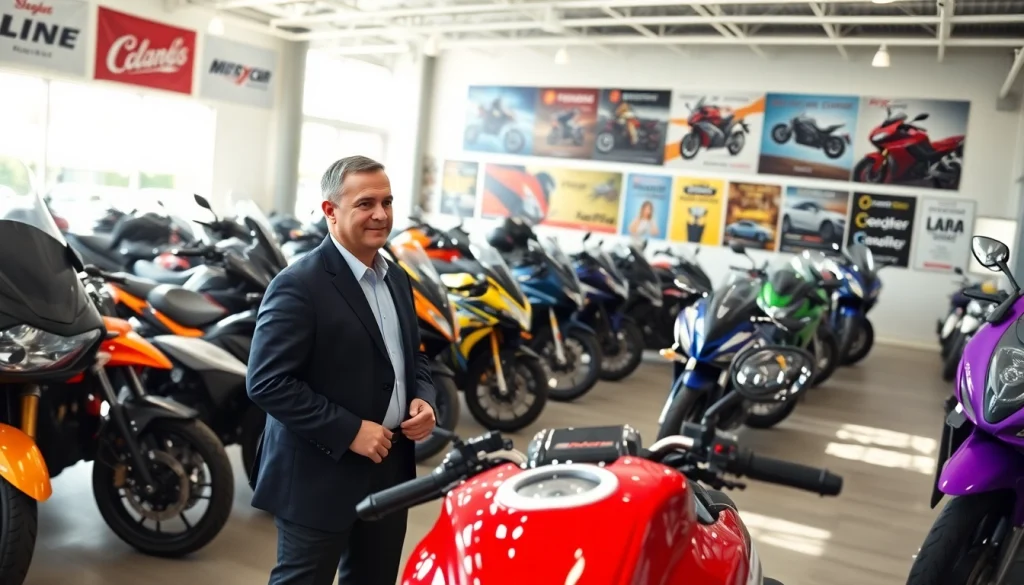 Motorradhändler präsentiert eine Vielzahl von Motorrädern in einem hellen Showroom.