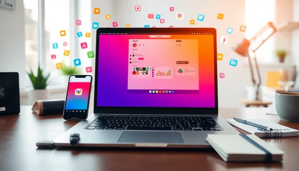 Engaging view of an Instagram smm panel interface displayed on a laptop surrounded by social media elements.