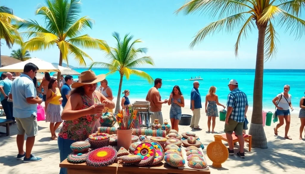 People discover insider tips for Cabo through vibrant local crafts at a beach scene.