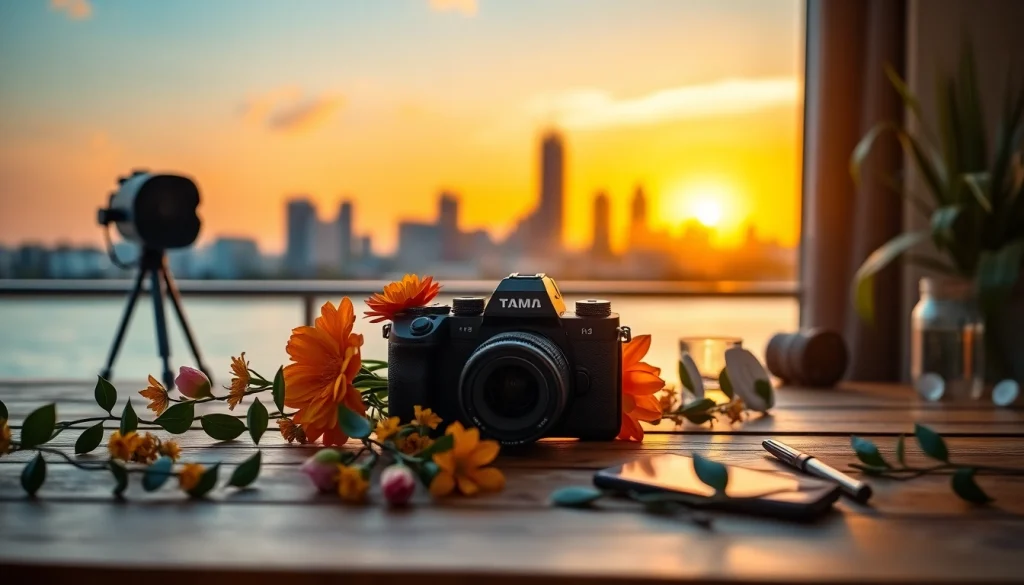 Engaging workspace of a tampa videographer with artistic camera setup and vibrant sunset backdrop.