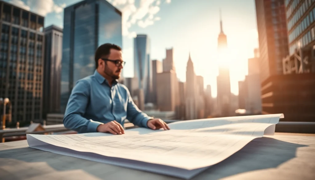 Construction manager analyzing plans in New York City for project management and development.