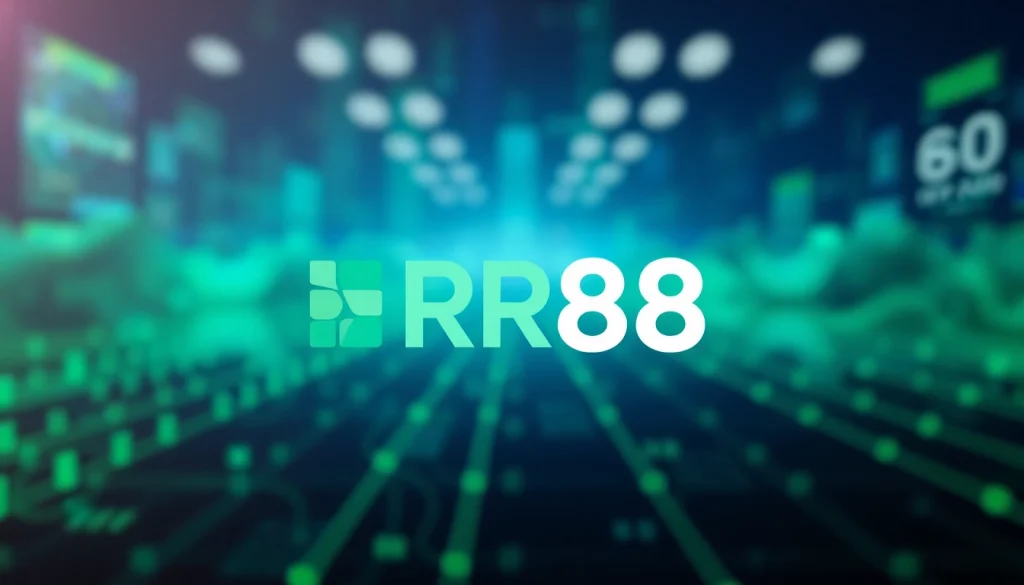 RR88 logo in a modern design, set against a vibrant digital landscape background.