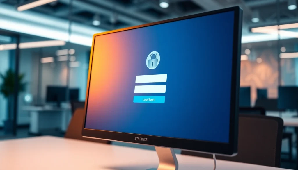 Menggunakan komengtoto login pada antarmuka modern di latar belakang kantor.