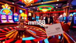 Enhance your mm88 gaming experience at our vibrant casino filled with roulette wheels and poker chips.