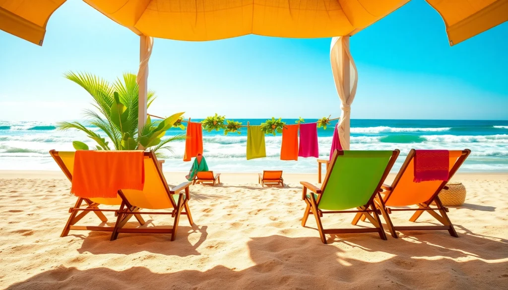 Experience relaxation at the coastal cabana with vibrant beachside chairs and lush tropical decor.