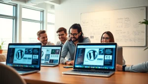 Showcasing a team providing wordpress services in a modern office, emphasizing collaboration and creativity.