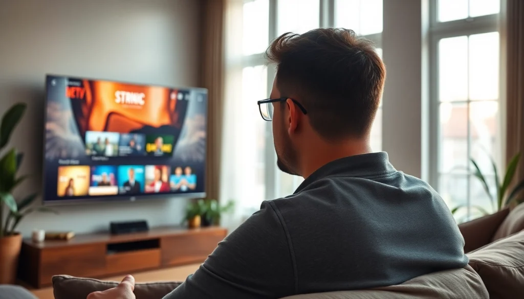 Engaged viewer enjoying iron tv pro in a modern, cozy living room setting.