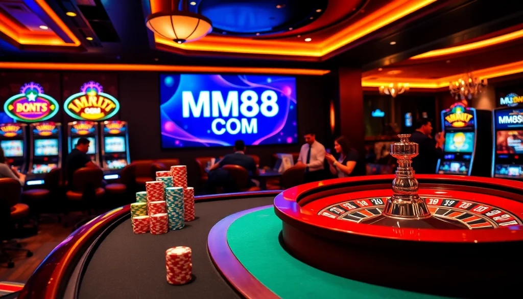 Exciting casino gaming atmosphere at MM88 COM with roulette and poker chips.