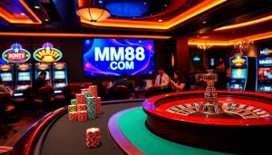 Exciting casino gaming atmosphere at MM88 COM with roulette and poker chips.