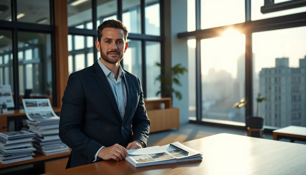 Real Estate agent discussing property options in a modern office environment.