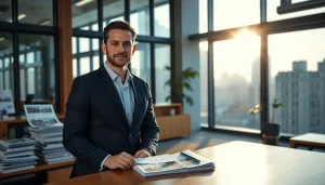 Real Estate agent discussing property options in a modern office environment.