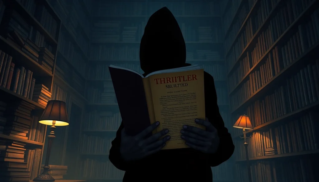 Engaging shadowy figure holding a thriller book in a suspenseful library setting.
