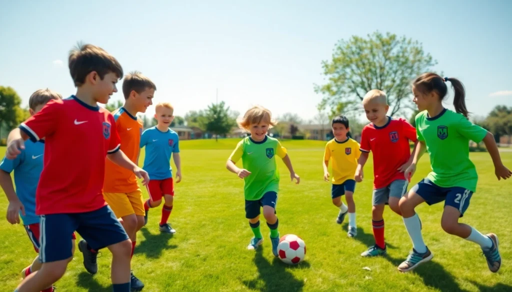Children enjoying football playtime in vibrant cheap football kits, showcasing teamwork and fun.