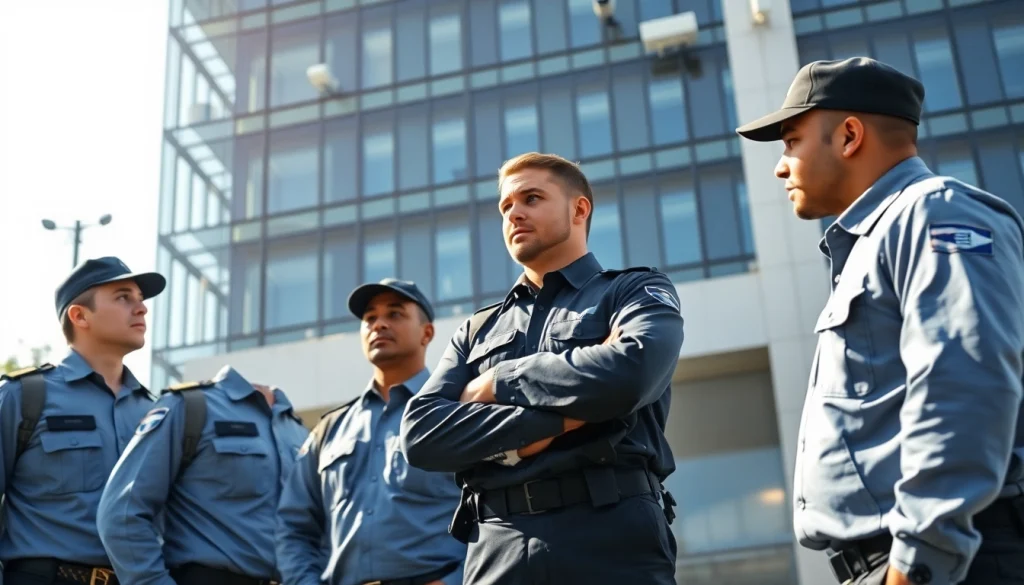 Security Company personnel collaborating in an urban setting with focused expressions and advanced technology.