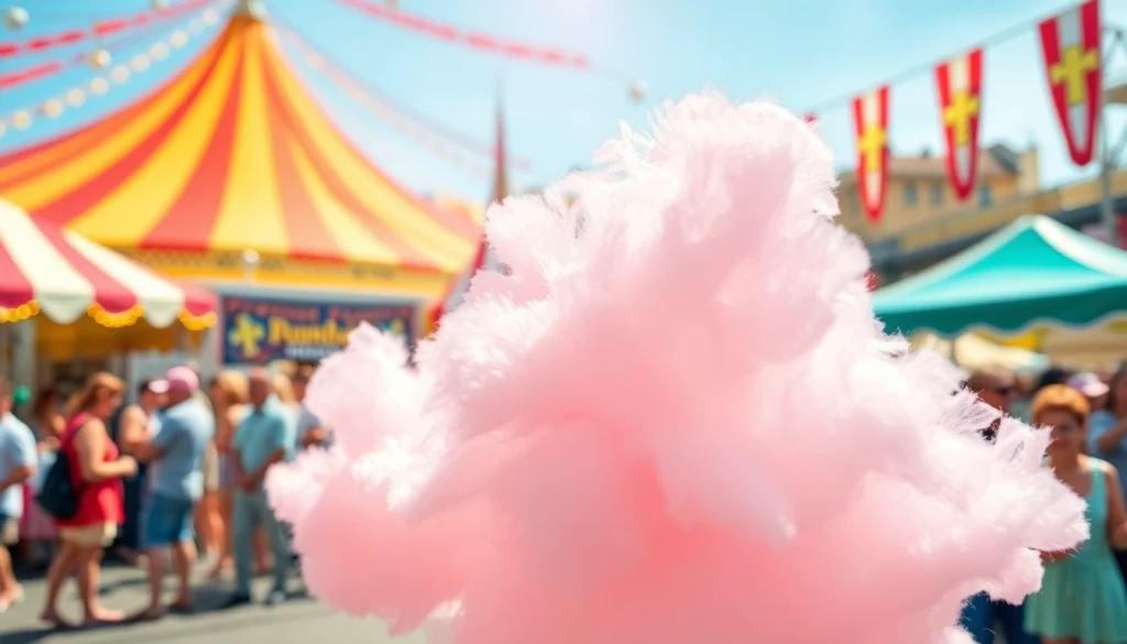 Geniet van wafel katoen gemaakt door een vrolijke verkoper op een drukke kermis.