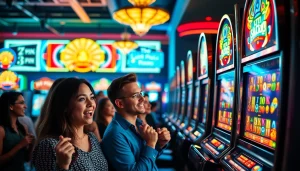 Slot machines memikat dengan lampu berkilauan dan pemain bersemangat di kasino.