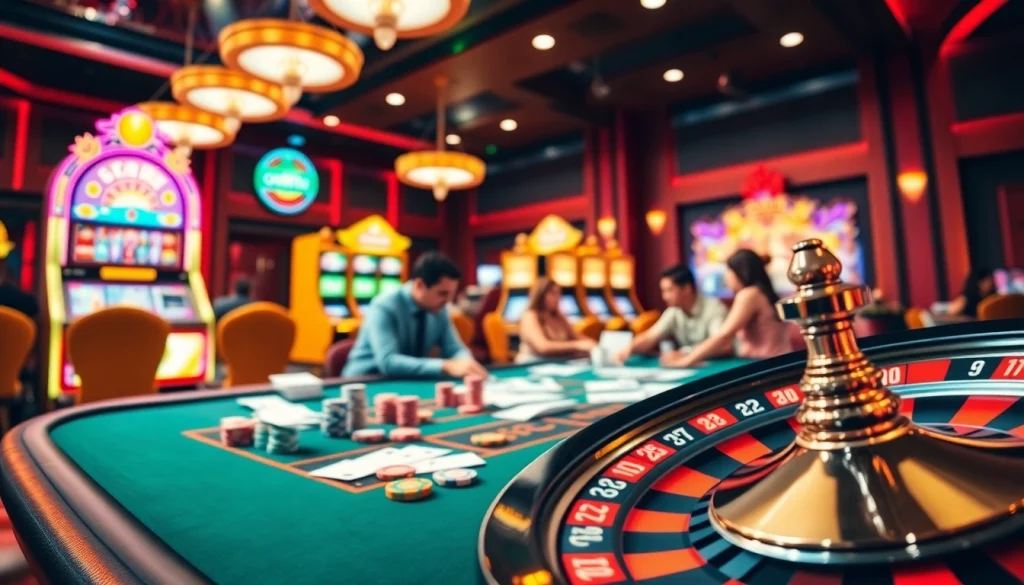 Experience high-stakes action at mm88.com with exciting poker games and colorful slot machines in this vibrant casino scene.