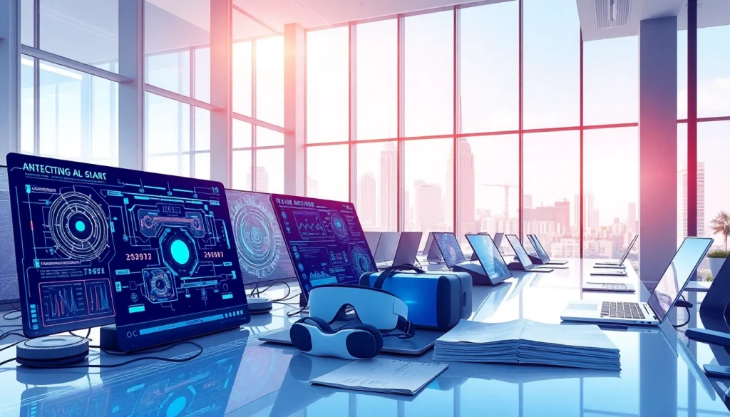 Showcase advanced Technology tools in a vibrant modern office environment with digital displays