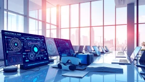 Showcase advanced Technology tools in a vibrant modern office environment with digital displays