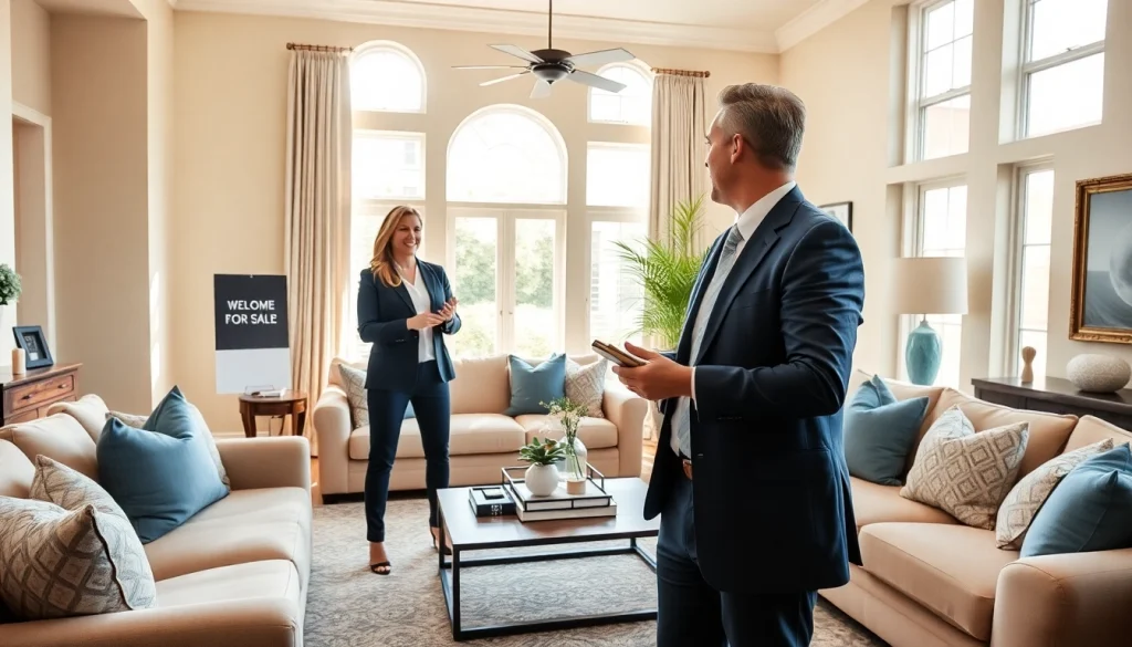 Showcasing real estate home showing with professional agent in an elegant living room setting.