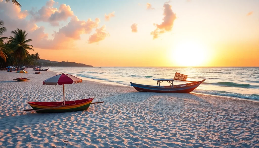 Clima em Paripueira, uma cena serena de pôr do sol que mostra a praia tropical e os barcos locais.