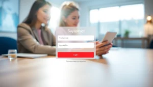 Masuk ke sayaptogel login dengan antarmuka digital modern dan pengguna terlibat.