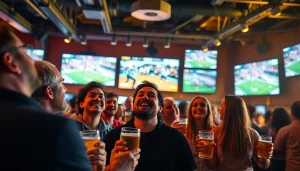 스포츠중계를 즐기는 다양한 팬들이 모여 있는 활기찬 스포츠 바의 모습
