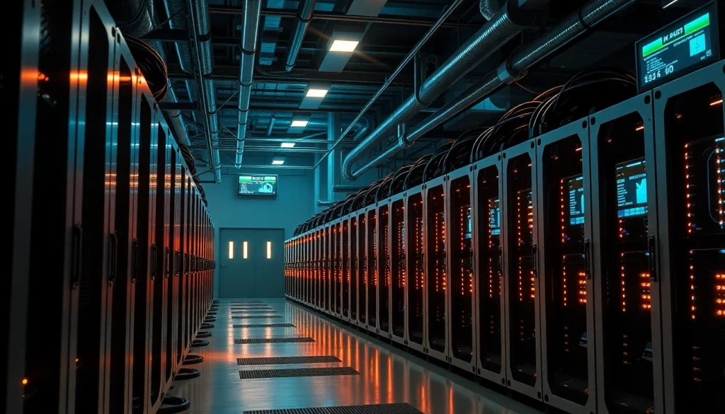 Dynamic scene of crypto mining rigs showcasing advanced technology and energy efficiency.