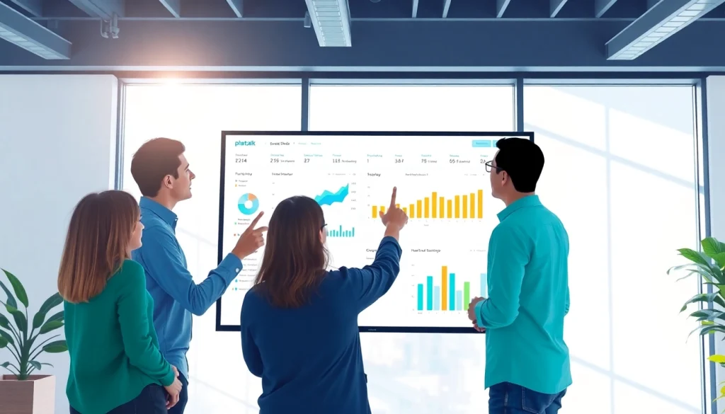 Plexatalk interface shown on a modern dashboard in a bright collaborative office.