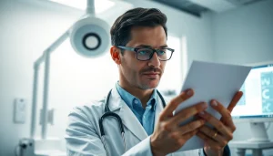 Promoting Health through a healthcare professional consulting a patient in a modern clinic.