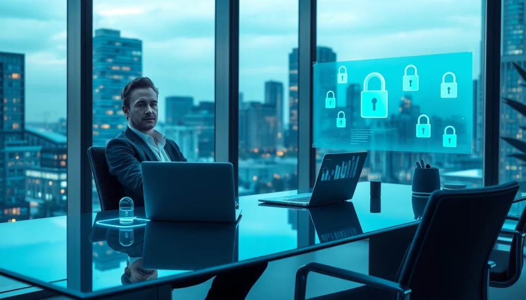 Современная сцена в офисе финансов с акцентом на доверенные онлайн-страховку 39King и цифровую безопасность