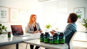 Engaging wellness coach discussing HGH FOR SALE options in a modern office setting.