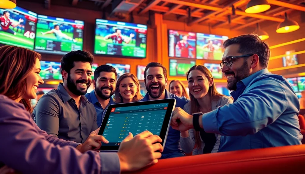 Engaging scene showcasing the best sports betting sites in India with enthusiastic bettors around a digital interface.
